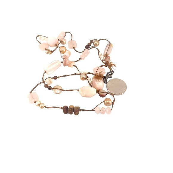 Handmade Multicolor Beaded Necklace With Rose Quartz Pearls & Wood Beads - Picture 7 of 8